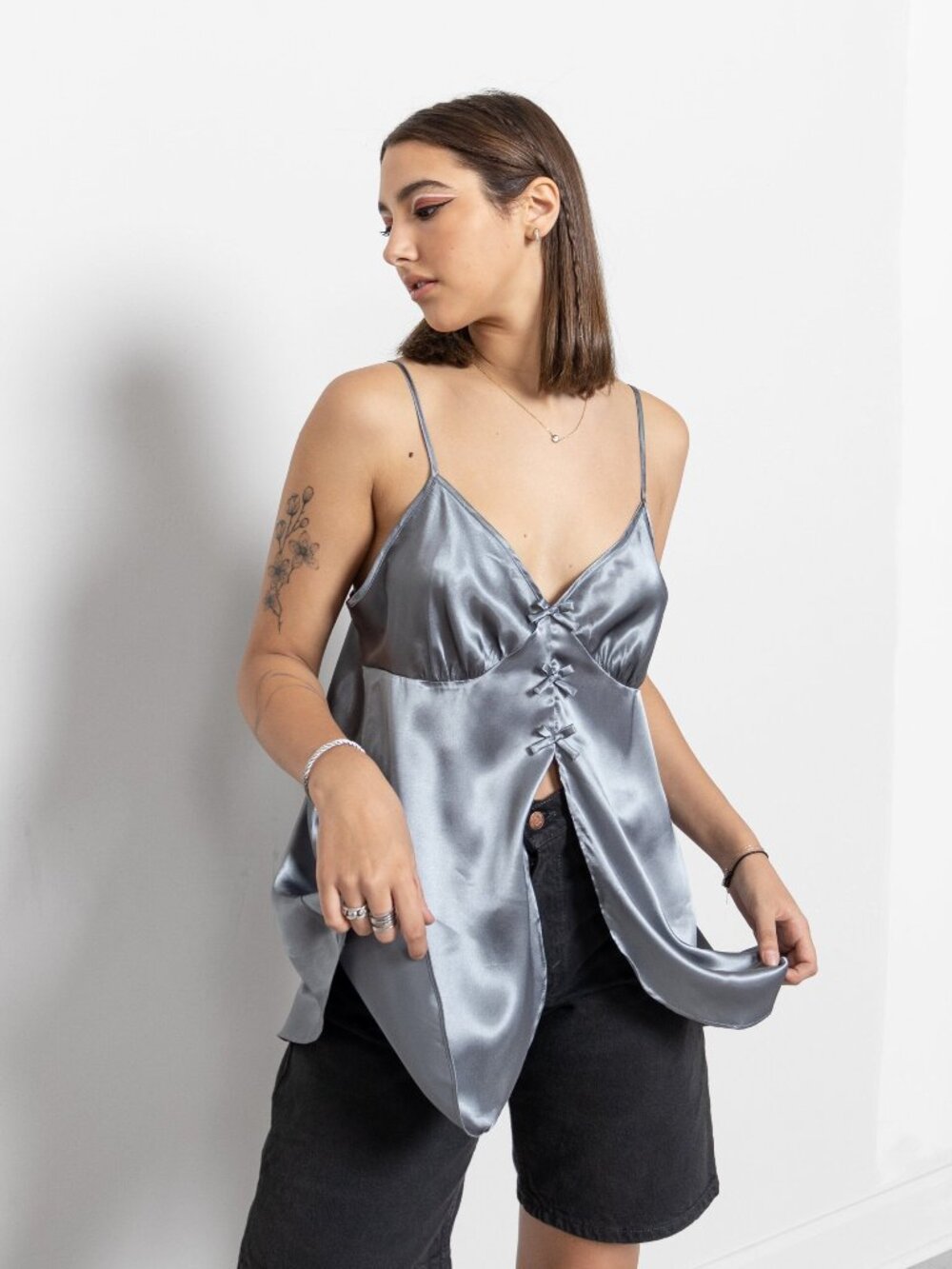 SILVER SLIP Vintage Camisole Satin Strappy Top Lingerie / Medium